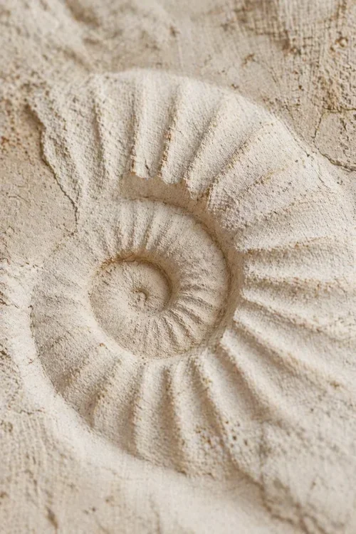 Nærbilde av en lys og harmonisk spiralstruktur i stein som minner om et ammonittfossil.